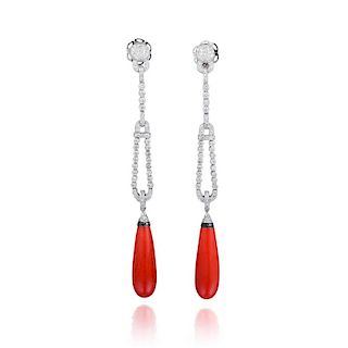 A Pair of Diamond and Coral Earrings