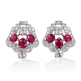 A Pair of Art Deco Diamond and Ruby Earrings