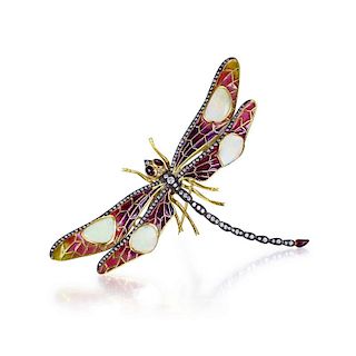 A Plique-A-Jour, Opal, Diamond, and Ruby Dragonfly Brooch