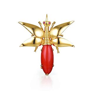 A Gold and Coral Winged Insect Brooch