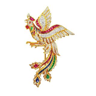 A Diamond and Multi-Gem Rooster Brooch