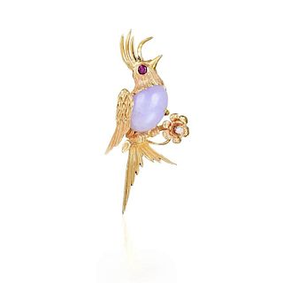 A Lavender Jade, Ruby, and Diamond Bird Brooch