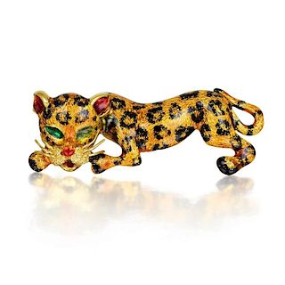 A Gold and Enamel Leopard Pin