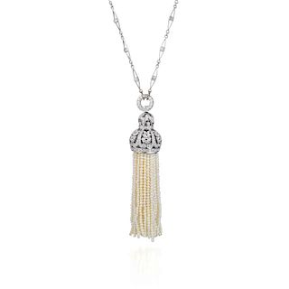 An Art Deco Style Diamond and Seed Pearl Pendant Necklace
