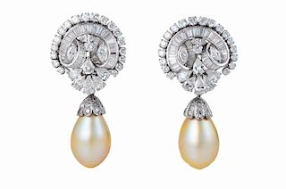 A Pair of Diamond and Pearl Drop Night and Day Earrings