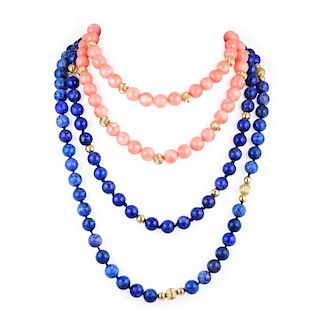 Lot of Three Coral and Lapis-Lazuli Necklaces
