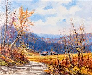 * Harold Hancock, (American, 1920-2006), Autumn Landscape with Barn