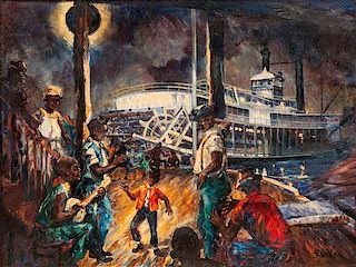 * Robert Rucker, (American, 1932-2001), Dockside Banjo Player with Riverboat at Night