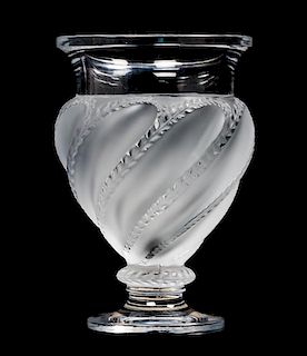 * A Lalique Molded and Frosted Glass Vase Height 5 3/4 inches.
