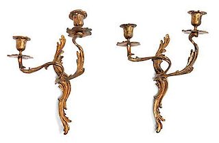 A Pair of Louis XV Style Gilt Metal Two-Light Sconces Height 12 inches.