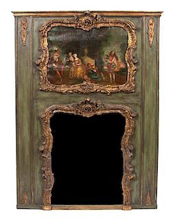 A Louis XV Style Painted and Parcel Gilt Trumeau Mirror 64 x 47 inches.