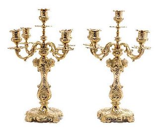A Pair of Louis XV Style Gilt Brass Five-Light Candelabra Height 16 inches.