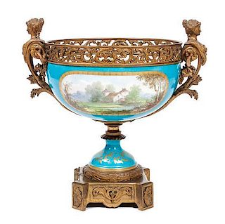 * A Sevres Style Gilt Metal Mounted Center Bowl Height 19 1/2 inches.