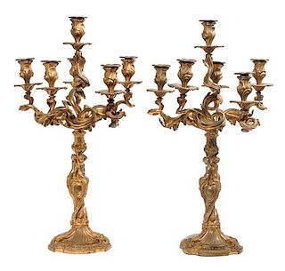 * A Pair of Louis XV Style Gilt Bronze Six-Light Candelabra Height 25 1/2 inches.