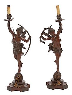A Pair of Bronze Single-Light Figural Table Lamps Height overall 29 1/2 inches.