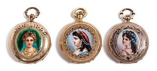 * A Group of Three Enamel Portrait Pocket Watches Diameter 1 5/8 inches.