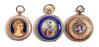 * A Group of Three Enamel Portrait Pocket Watches Diameter of largest 1 5/8 inches.