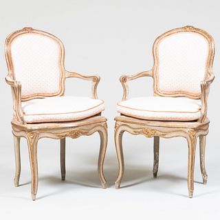 Pair of Small Louis XV Painted and Parcel-Gilt Fauteuils en Cabriolet