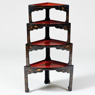 Set of Four Small Japanese Black and Red Lacquer Stacking Corner Tables