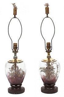 A Pair of Glass Table Lamps Height 28 1/2 inches.