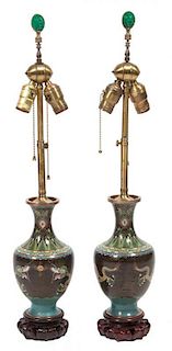 A Pair of Chinese Cloisonne Vases Mounted as Lamps Height 10 inches.