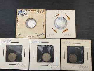 Group of Five US Silver Three-Cent Piece Trimes 1850s