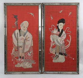 Pair of Framed Chinese Embroidered Needlework Panels