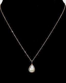 A cultured pearl and 14k gold pendant-necklace