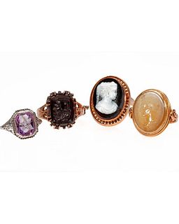 Four antique cameo, intaglio and gold rings