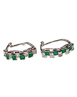 A pair of emerald, diamond and 18k white gold earrings