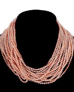 Pink freshwater cultured pearl and silver torsade necklace