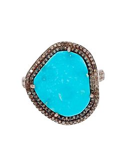 A turquoise, diamond and blackened silver ring