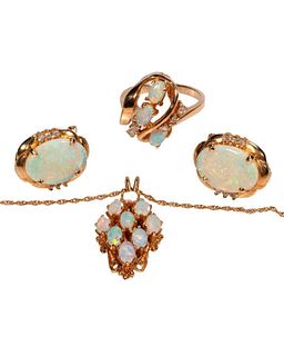 An opal, diamond and 14k gold jewelry set