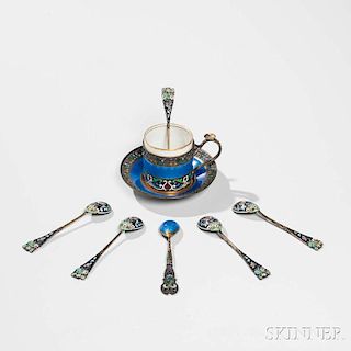 Seven Pieces of Russian .875 Silver and Enamel Tableware