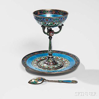 Russian .916 Silver and Enamel Sherbet with Underplate and Spoon