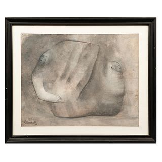 JOSÉ HERNÁNDEZ DELGADILLO, Dos figuras grises, Firmado y fechado 64, Gouache sobre papel, 64 x 49.5 cm