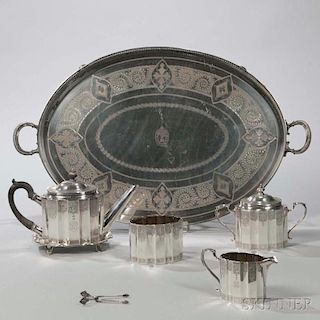 Four-piece Theodore Starr Sterling Silver Tea Service with Associated Tray and Sugar Tongs