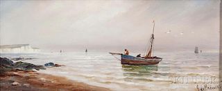 Gustave de Bréanski (British, 1856-1898)      Vessel Approaching a Quiet Shore, White Cliffs in the Distance