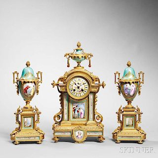 Sevres-type Porcelain and Gilt-bronze Three-piece Clock Garniture