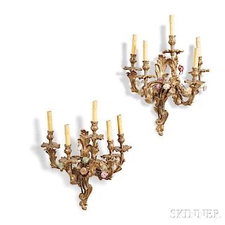 Pair of Louis XV-style Gilt-bronze and Porcelain Wall Sconces