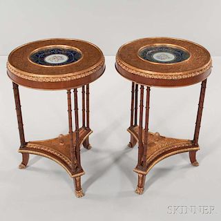 Pair of Porcelain Sevres-style Chargers on Gilded Stands