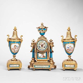 Sevres-style Porcelain and Gilt-bronze-mounted Three-piece Clock Garniture