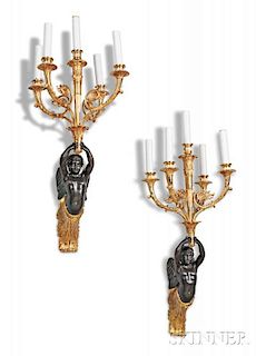 Pair of Gilt and Patinated Bronze Five-light Wall Sconces