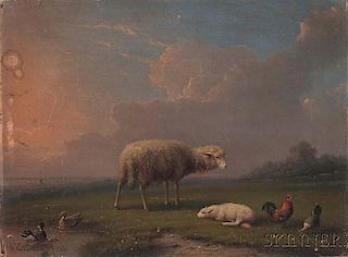 Franz Van Severdonck (Belgian, 1809-1889)      Sheep and Lamb in a Spring Landscape
