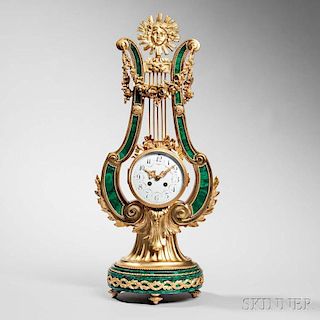 Louis XVI-style Malachite and Gilt-bronze Lyre-shape Mantel Clock