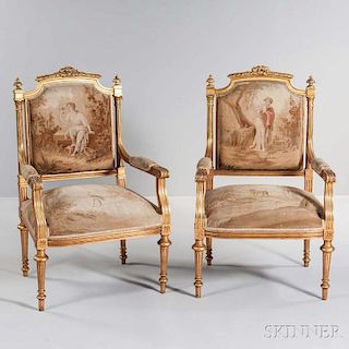 Pair of Louis XVI-style Tapestry-upholstered Giltwood Armchairs