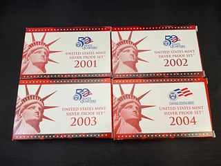 Group of 4 U.S. Mint Silver Proof Sets, 2001 - 2004