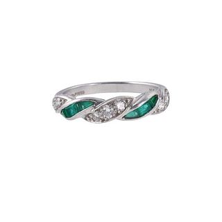 Tiffany &amp; Co Platinum Emerald Diamond Crossover Ring