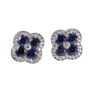 18k Gold Diamond Sapphire Flower Stud Earrings