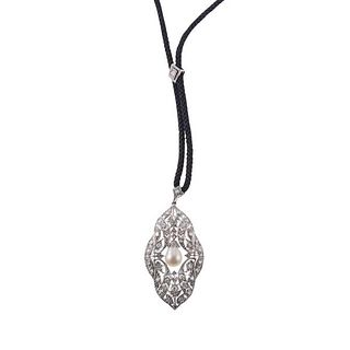 Antique Belle Epoque Gold Diamond Pearl Pendant on Cord Necklace